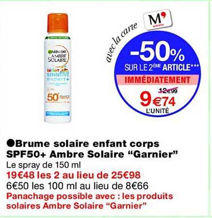 Brume solaire enfant corps SPF50+ Ambre Solaire “Garnier”