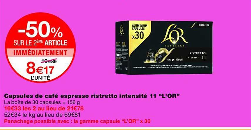 Capsules de café espresso ristretto intensité 11 “L’OR”