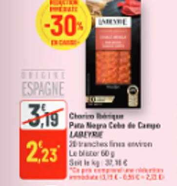 Ceris? Ibérique Petit Negre Cebo de Campo JABUGO 36 tranches fines environ Le blister 60 g Soit le kg : 32,18 €