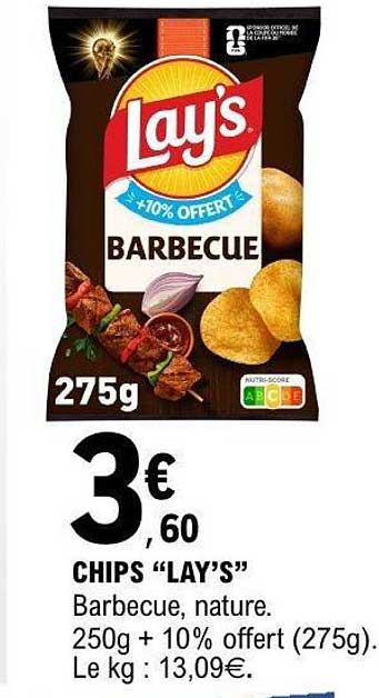 CHIPS “LAY’S” Barbecue, nature. 250g + 10% offert (275g). Le kg : 13,09€.