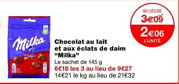 Chocolat au lait et aux éclats de daim “Milka”