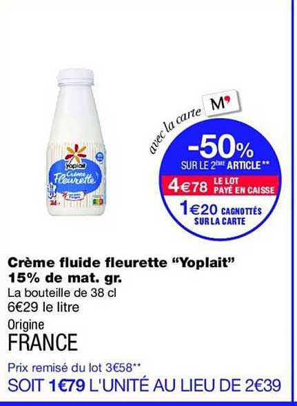 Crème fluide fleurette “Yoplait” 15% de mat. gr.