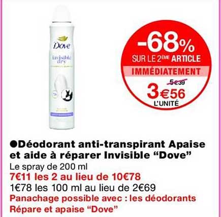Déodorant anti-transpirant Apaise et aide à réparer Invisible “Dove”