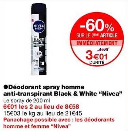 Déodorant spray homme anti-transpirant Black & White “Nivea”
