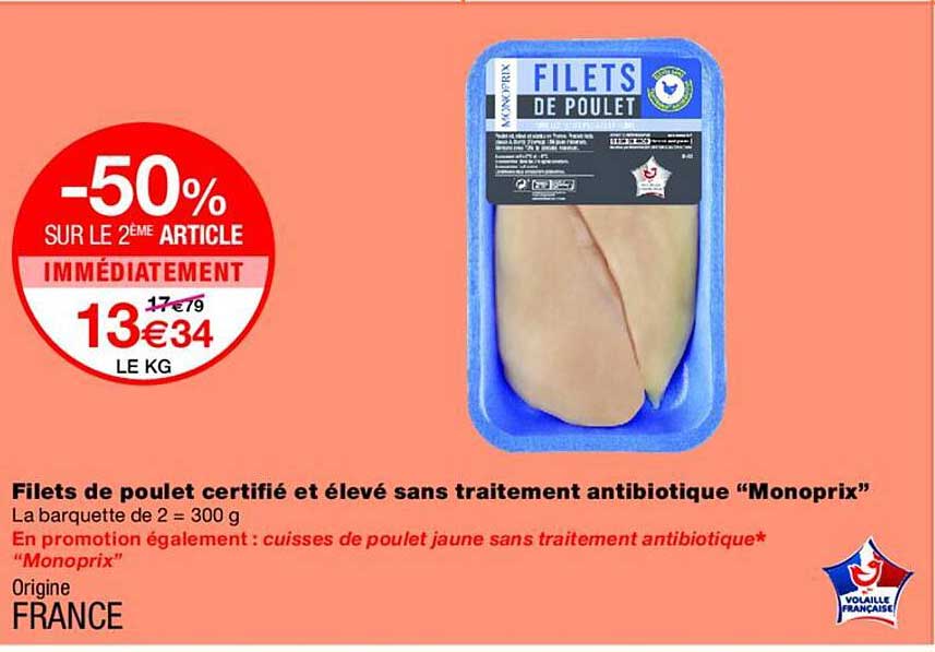 Filets de poulet certifié et élevé sans traitement antibiotique “Monoprix”