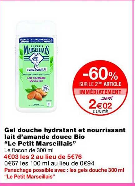 Gel douche hydratant et nourrissant lait d’amande douce Bio “Le Petit Marseillais”