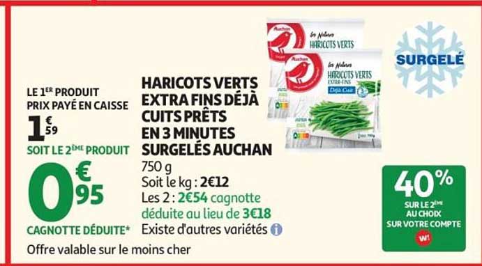 HARICOTS VERTS EXTRA FINS DÉJÀ CUITS PRÊTS EN 3 MINUTES SURGELÉS AUCHAN