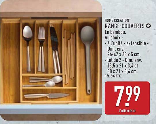 HOME CREATION RANGE-COUVERTS En bambou. Au choix : - à l’unité - extensible - Dim. env. 26-42 x 38 x 5 cm, - Lot de 2 - Dim. env. 13,5 x 21 x 3,4 et 30 x 21 x 3,4 cm. Réf. 5023717