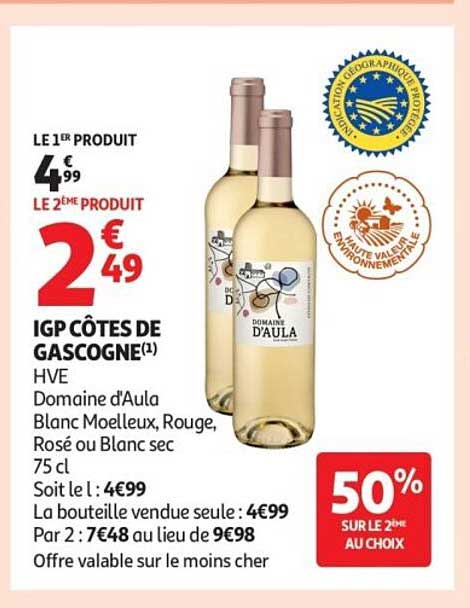 IGP CÔTES DE GASCOGNE(1) HVE Domaine d’Aula Blanc Moelleux, Rouge, Rosé ou Blanc sec 75 cl