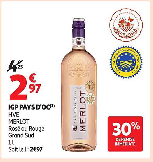 IGP PAYS D'OC(1) HVE MERLOT Rosé ou Rouge Grand Sud 1L