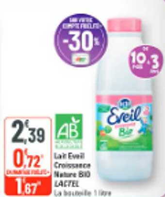Lait Eveil Croissance Nature BIO LACTEL la bouteille 1 litre