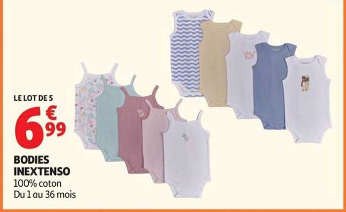 LE LOT DE 5 BODIES INEXTENSO 100% coton Du 1 au 36 mois