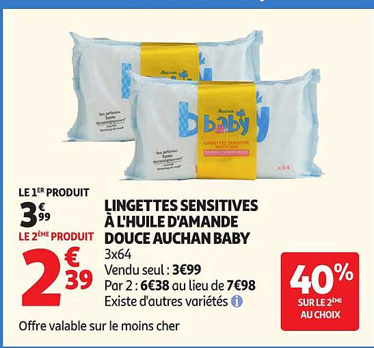 LINGETTES SENSITIVES À L'HUILE D'AMANDE DOUCE AUCHAN BABY