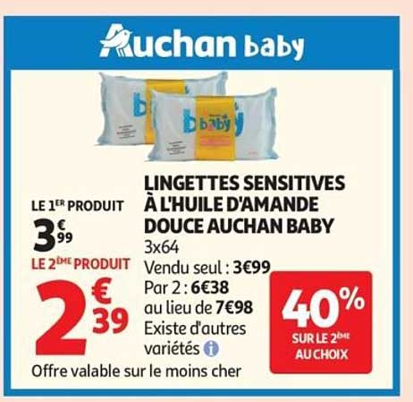LINGETTES SENSITIVES À L'HUILE D'AMANDE DOUCE AUCHAN BABY