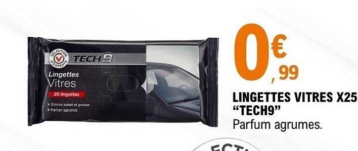 LINGETTES VITRES X25 "TECH9" Parfum agrumes.