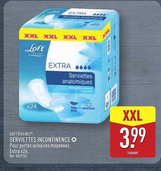 LOFT DISCRET® SERVIETTES INCONTINENCE Pour pertes urinaires moyennes. Extra x24.