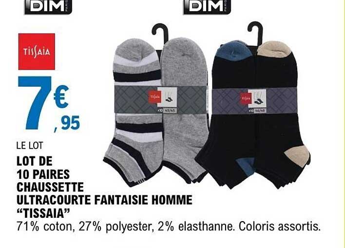LOT DE 10 PAIRES CHAUSSETTE ULTRACOURTE FANTAISIE HOMME “TISSAIA”