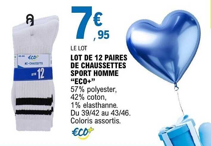 LOT DE 12 PAIRES DE CHAUSSETTES SPORT HOMME "ECO+"
