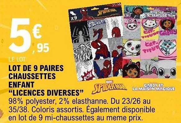 LOT DE 9 PAIRES CHAUSSETTES ENFANT “LICENCES DIVERSES”