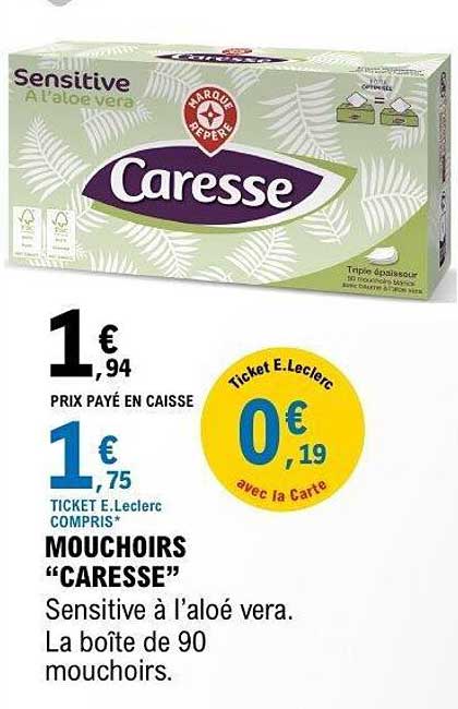 MOUCHOIRS “CARESSE” Sensitive à l’aloé vera. La boîte de 90 mouchoirs.
