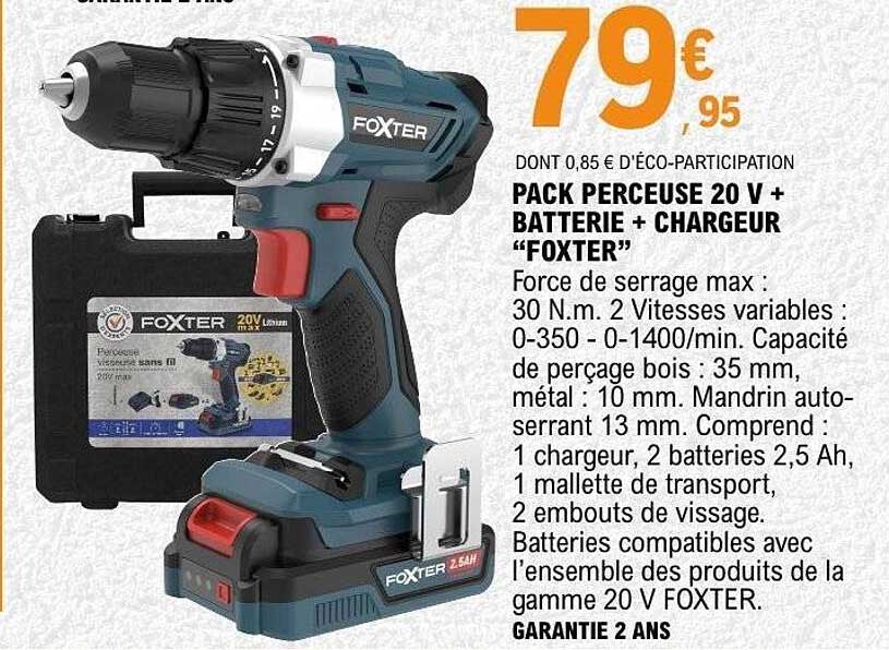 PACK PERCEUSE 20 V + BATTERIE + CHARGEUR “FOXTER”