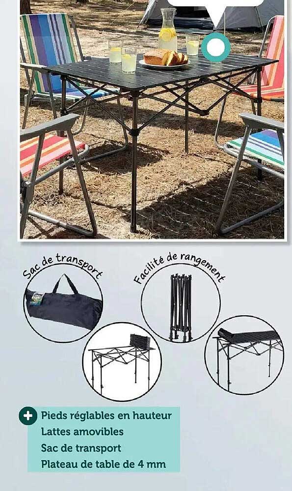 Pieds réglables en hauteur Lattes amovibles Sac de transport Plateau de table de 4 mm