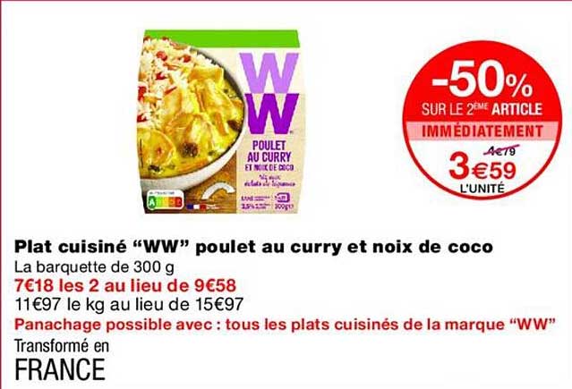 Plat cuisiné “WW” poulet au curry et noix de coco