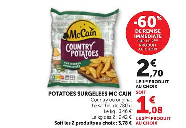 POTATOES SURGELEES MC CAIN Country ou original Le sachet de 780 g