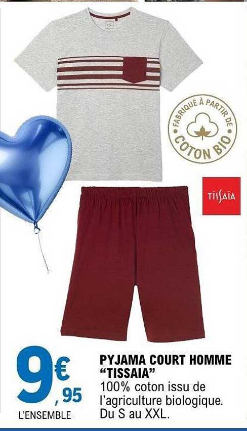 PYJAMA COURT HOMME “TISSAIA” 100% coton issu de l’agriculture biologique. Du S au XXL.