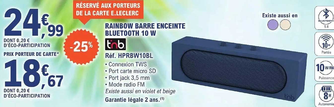 RAINBOW BARRE ENCEINTE BLUETOOTH 10 W