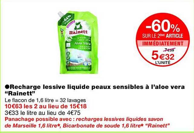 Recharge lessive liquide peaux sensibles à l’aloe vera “Rainett”