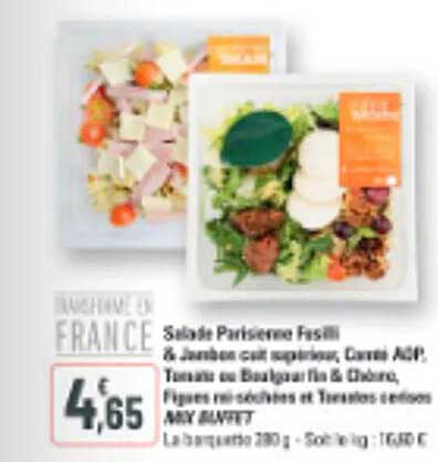 Salade Parisienne Fissili & jambon cuit supérieur, Cœur ACP, Tomates en dés lagano bio & fromage, Pousses de salades et tomates cerises MAX & MINN