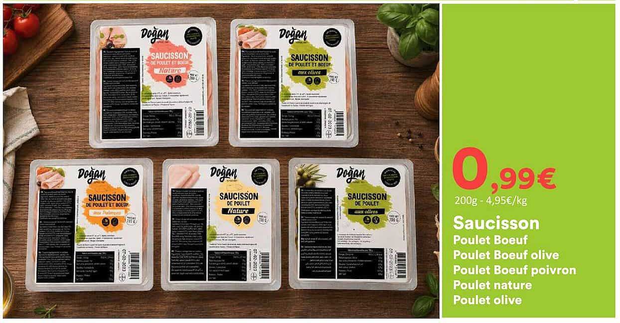 Saucisson Poulet Boeuf Poulet Boeuf olive Poulet Boeuf poivron Poulet nature Poulet olive