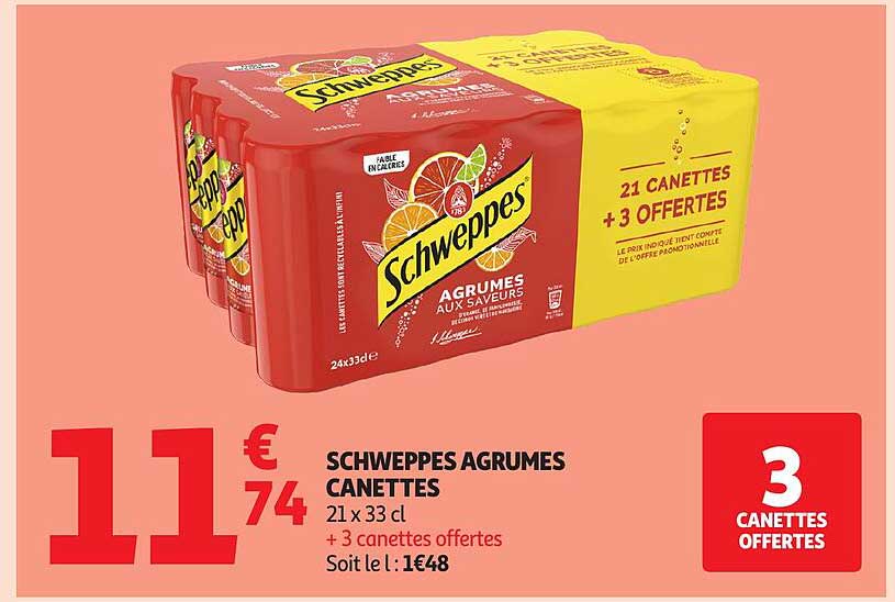 SCHWEPPES AGRUMES CANETTES 21 x 33 cl + 3 canettes offertes