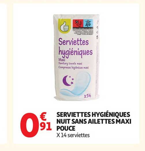 SERVIETTES HYGIÉNIQUES NUIT SANS AILETTES MAXI POUCE X14 serviettes