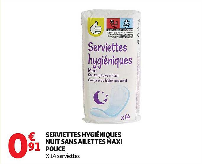 SERVIETTES HYGIÉNIQUES NUIT SANS AILETTES MAXI POUCE X14 serviettes