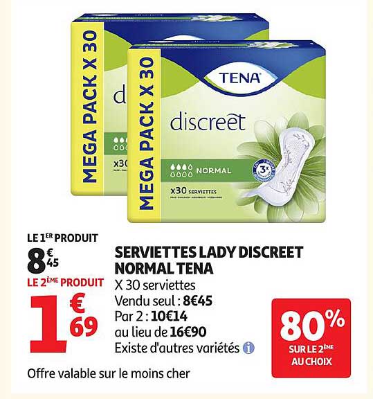 SERVIETTES LADY DISCREET NORMAL TENA X 30 serviettes