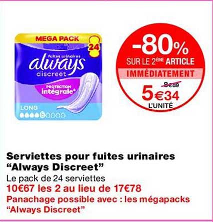 Serviettes pour fuites urinaires “Always Discreet”