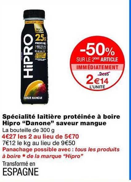 Spécialité laitière protéinée à boire Hipro “Danone” saveur mangue