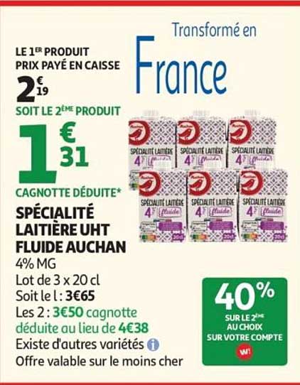 SPÉCIALITÉ LAITIÈRE UHT FLUIDE AUCHAN 4% MG