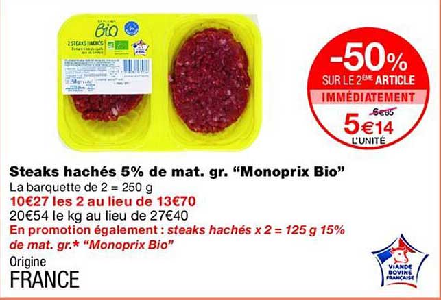 Steaks hachés 5% de mat. gr. “Monoprix Bio”