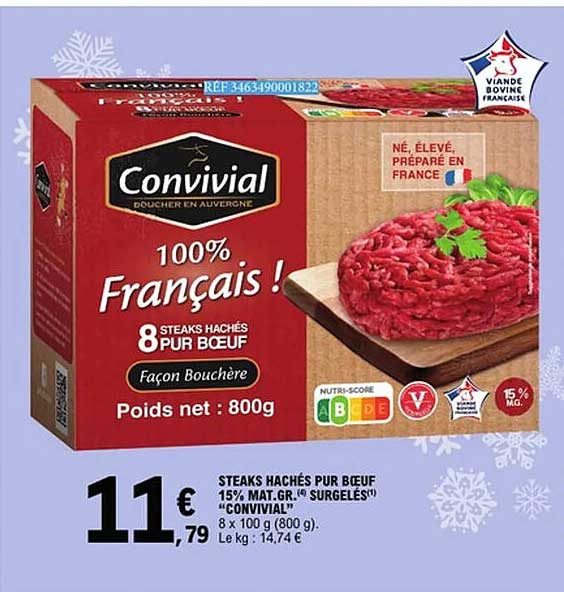 STEAKS HACHÉS PUR BOEUF "CONVIVIAL" SURGELÉS 8 x 100 g (800 g)