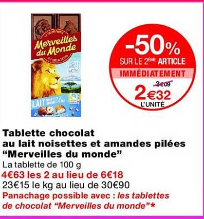 Tablette chocolat au lait noisettes et amandes pilées “Merveilles du monde”