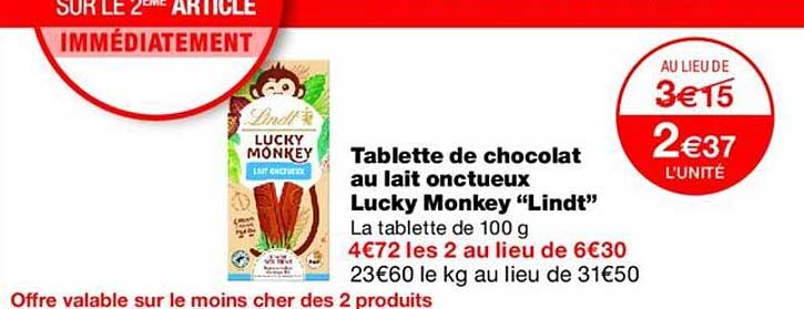 Tablette de chocolat au lait onctueux Lucky Monkey “Lindt”