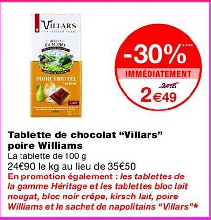 Tablette de chocolat “Villars” poire Williams
