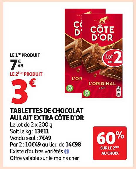 TABLETTES DE CHOCOLAT AU LAIT EXTRA CÔTE D'OR