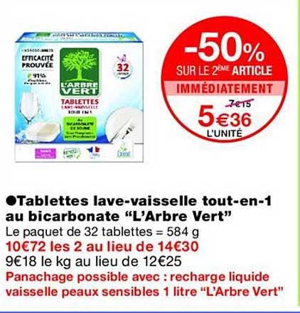 Tablettes lave-vaisselle tout-en-1 au bicarbonate “L’Arbre Vert”