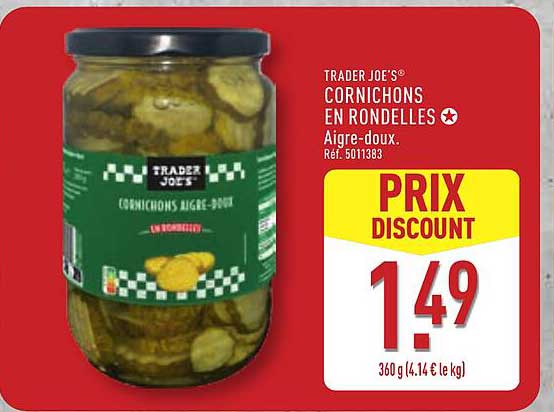 TRADER JOE'S CORNICHONS EN RONDELLES Aigre-doux. Réf. 5011383