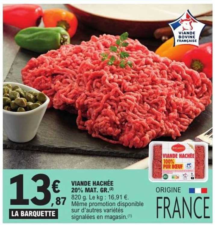 VIANDE HACHÉE 20% MAT. GR. (2) 820 g. Le kg : 16,91 €.