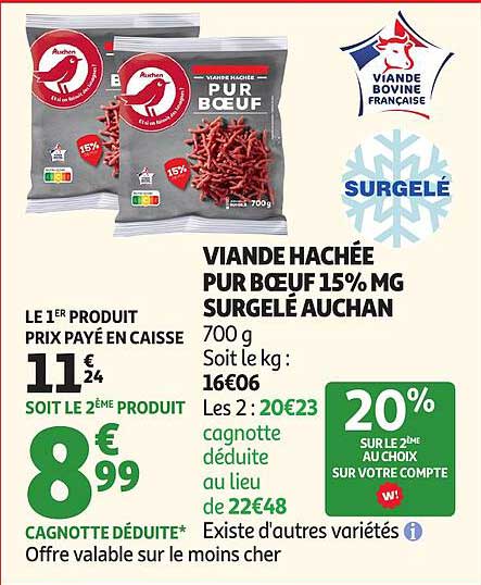 VIANDE HACHÉE PUR BŒUF 15% MG SURGELÉ AUCHAN 700 g